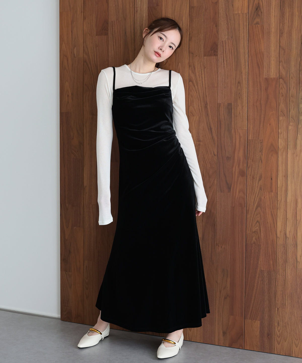 【早割5％OFF】ベロアドレープキャミワンピース