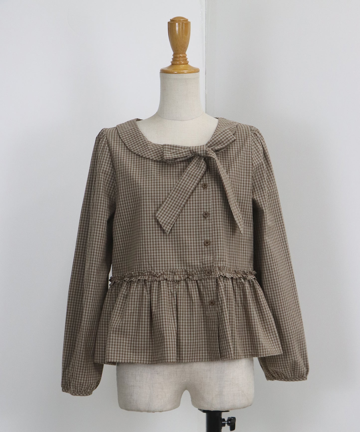 【TIME SALE】チェックリボンペプラムブラウス【ネコポス】