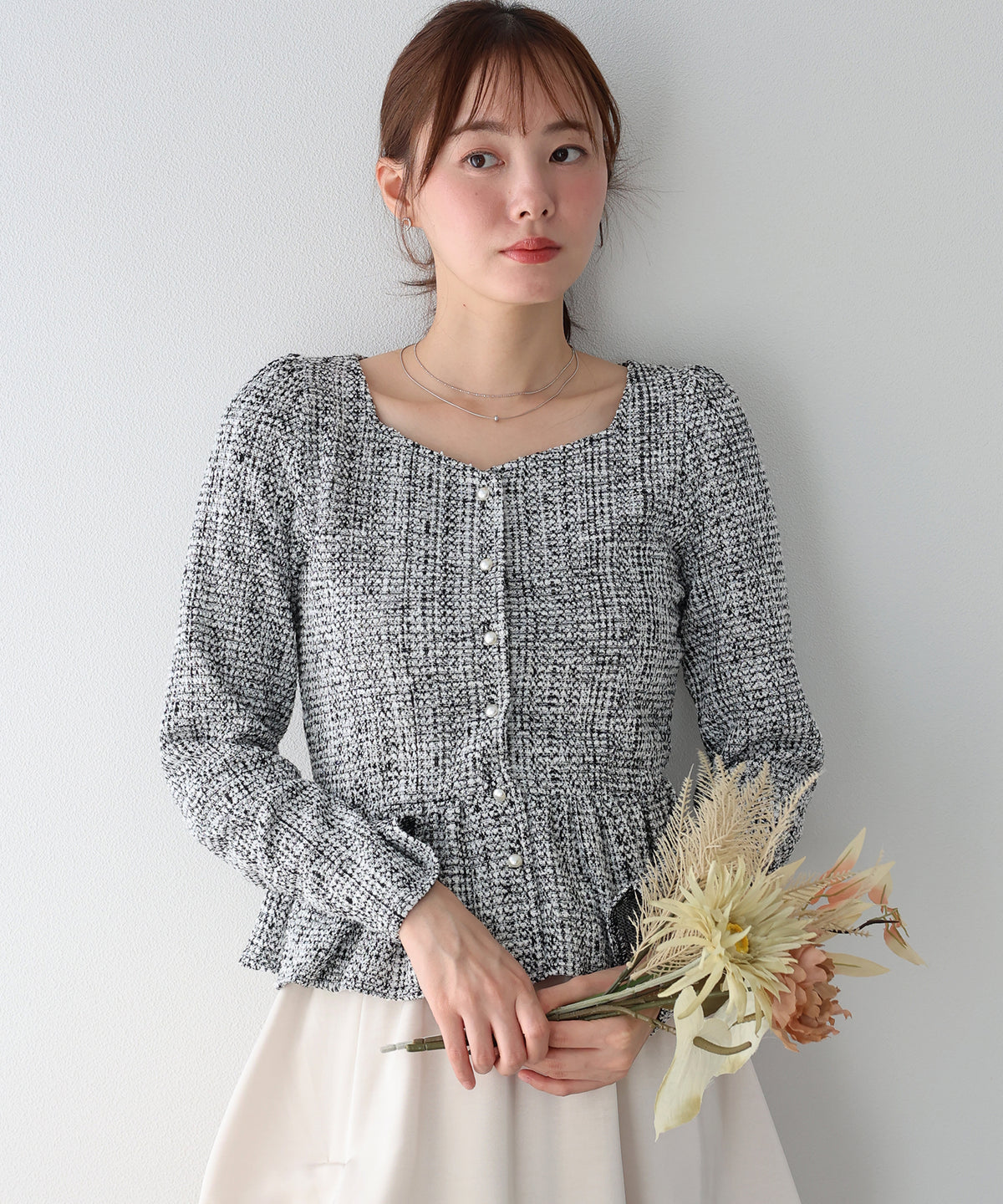 【早割5％OFF】《２サイズ展開》ツイードペプラムトップス
