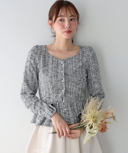 【早割5％OFF】《２サイズ展開》ツイードペプラムトップス