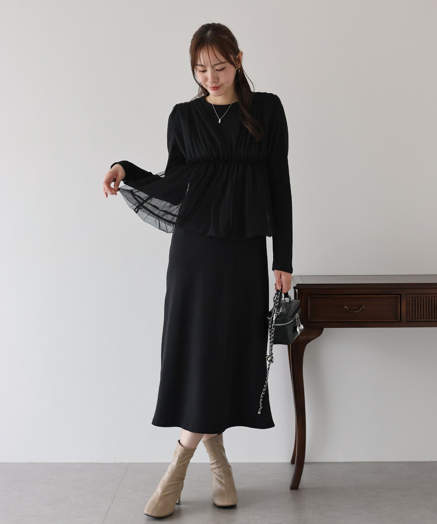 【早割5％OFF】チュールバルーンドッキングワンピース
