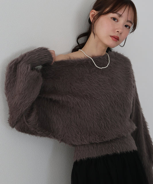 【早割5％OFF】オフショルシャギーニット