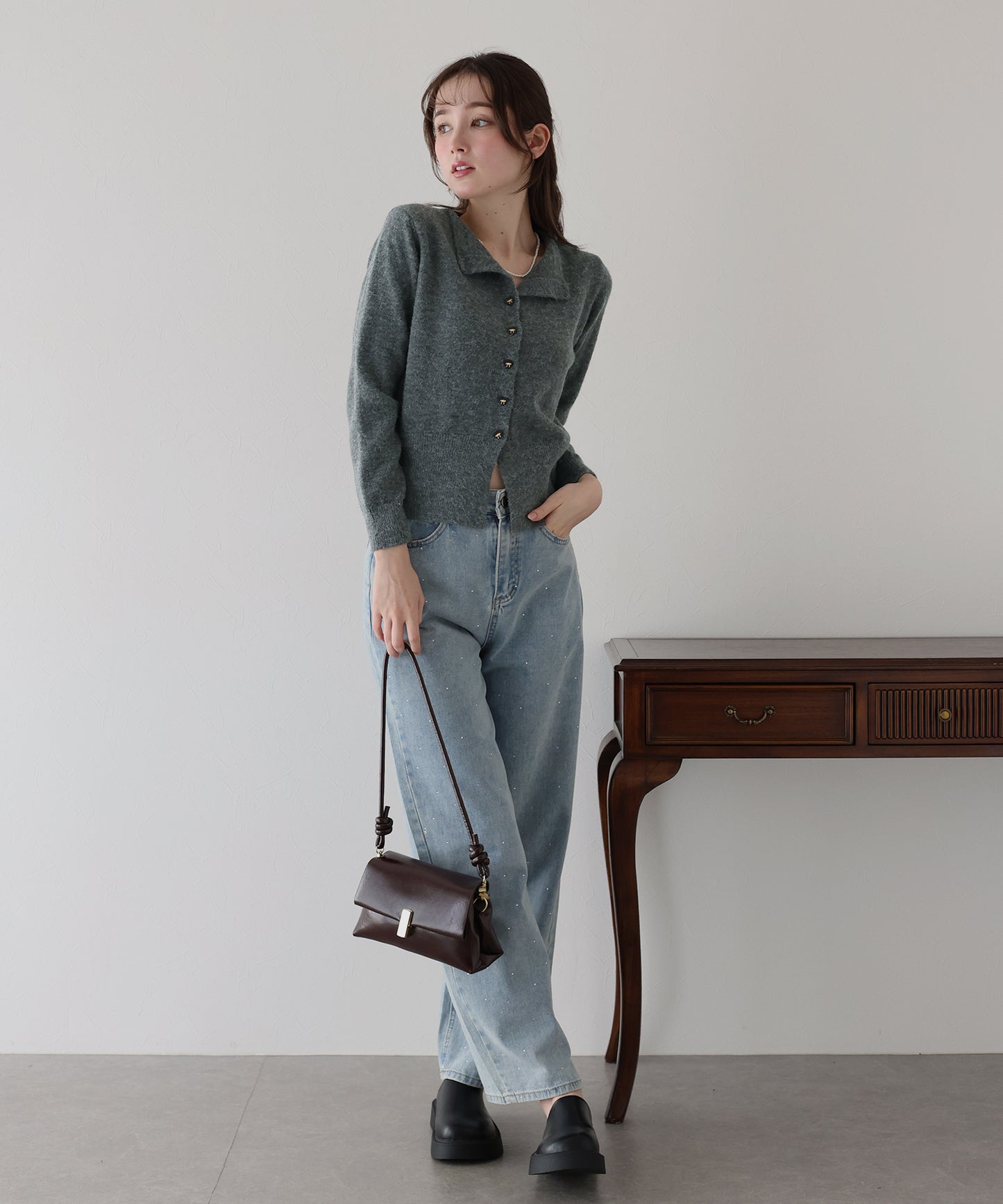 リボンハートボタンニット