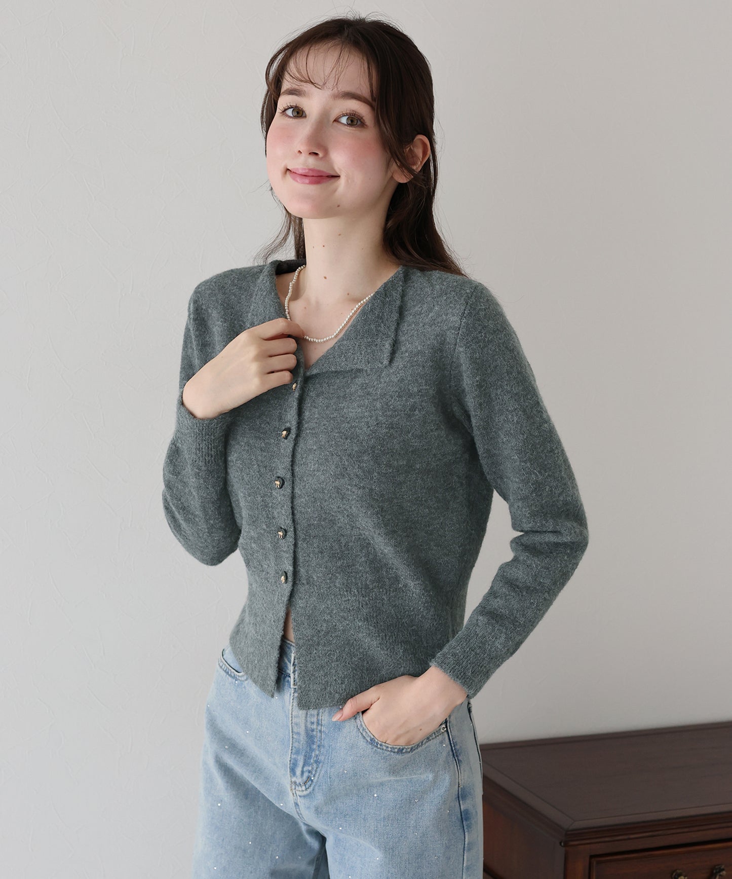 リボンハートボタンニット