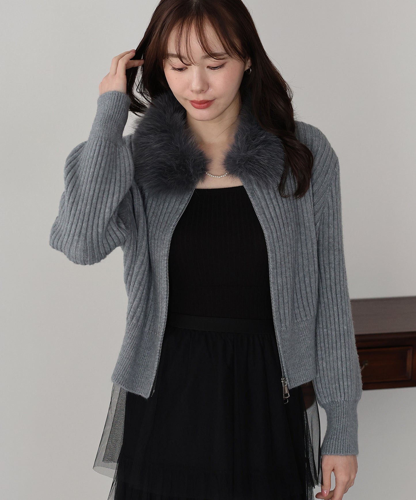 【早割5％OFF】ファー襟ダブルジップニット
