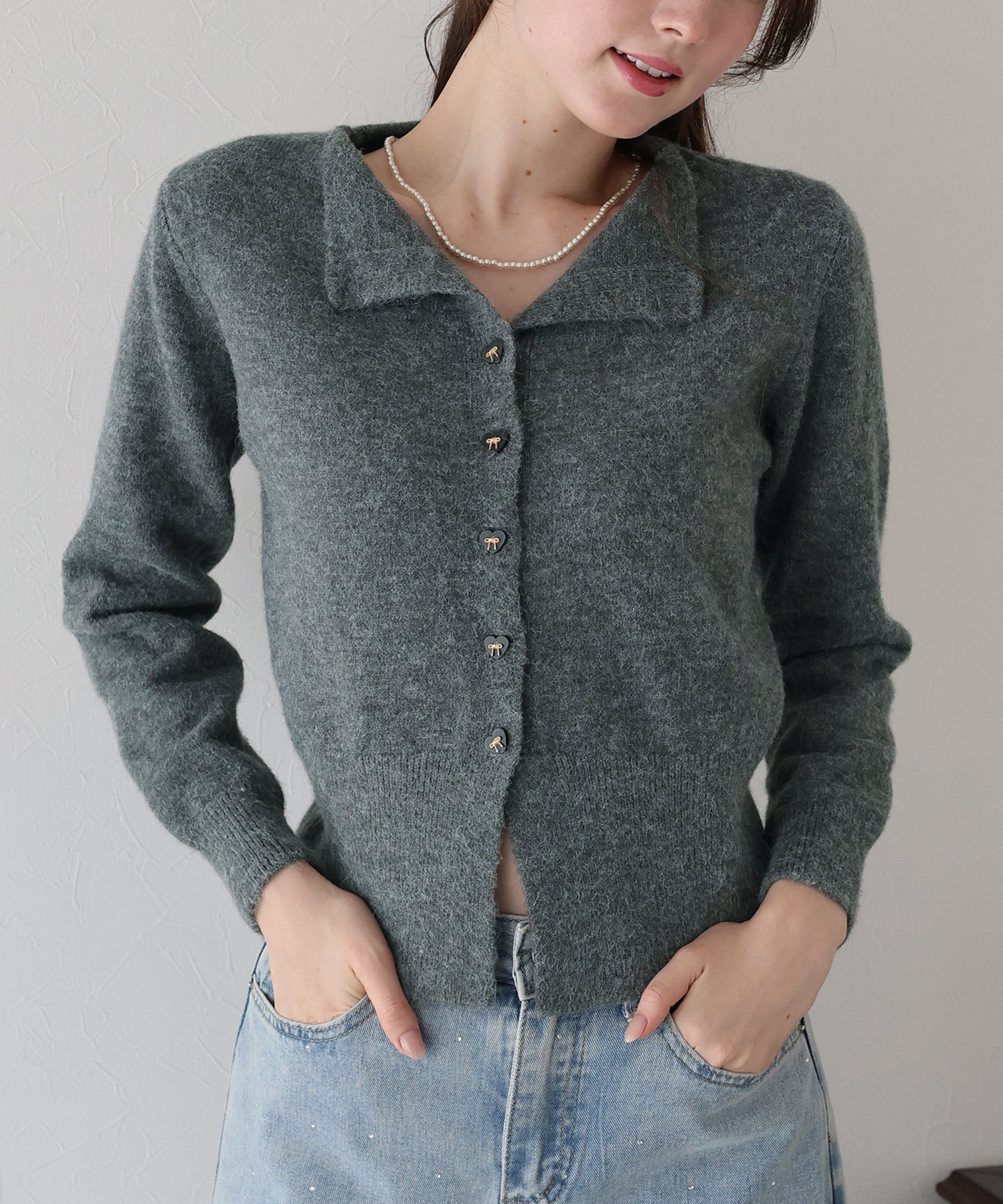 リボンハートボタンニット