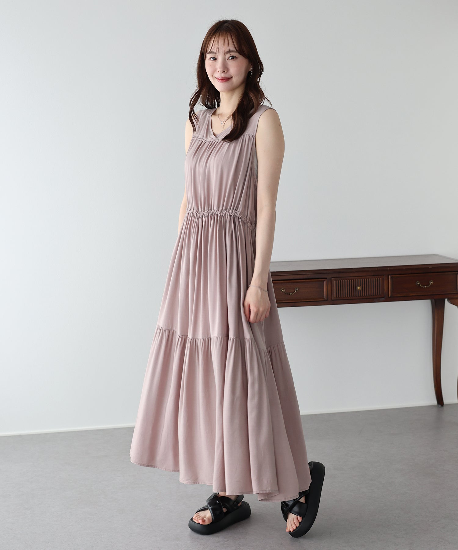 FOXEY ノースリーブ ティアードワンピース ピンク FREE STYLISTS ワンピース ノースリーブティアードワンピース