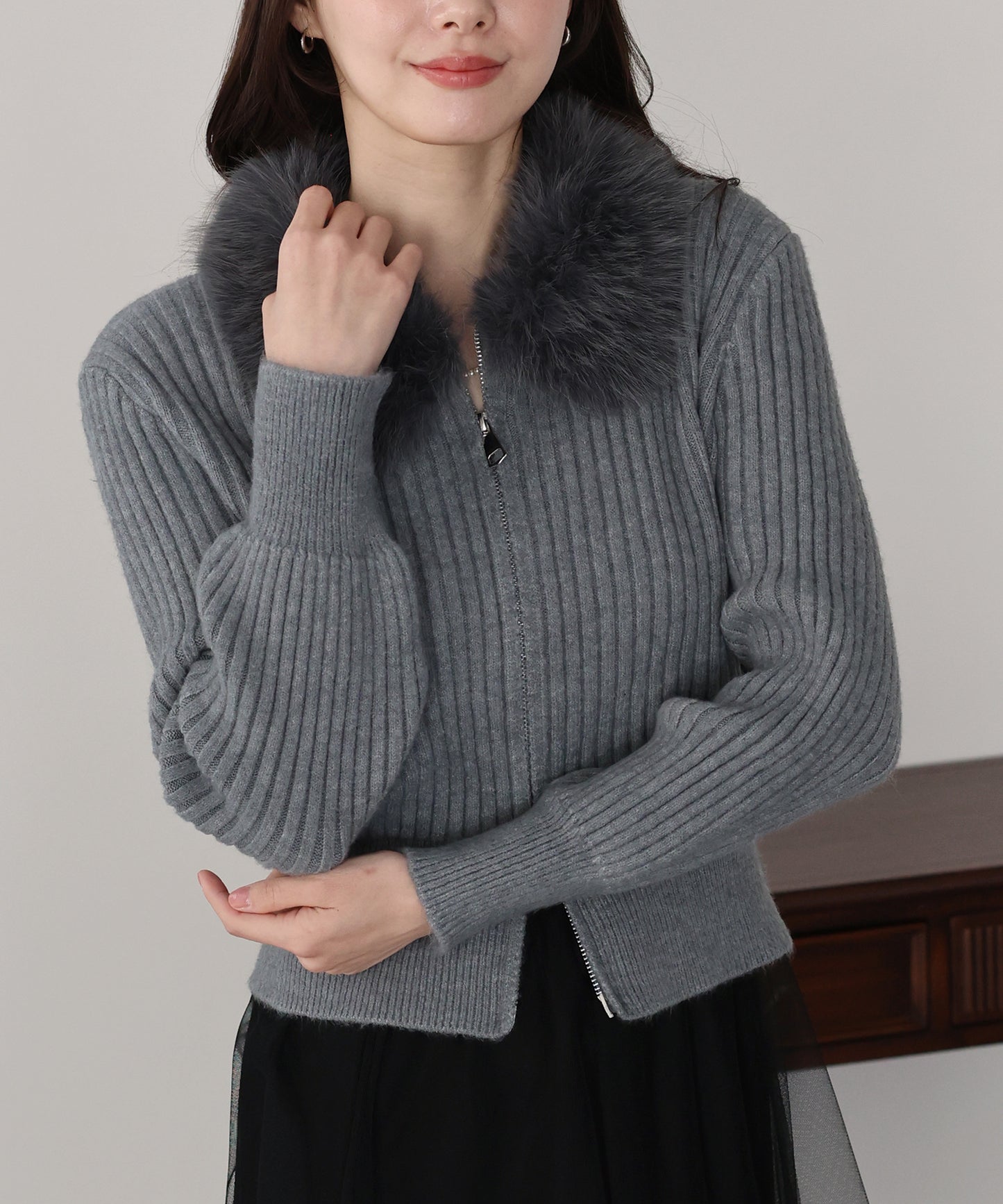 【早割5％OFF】ファー襟ダブルジップニット