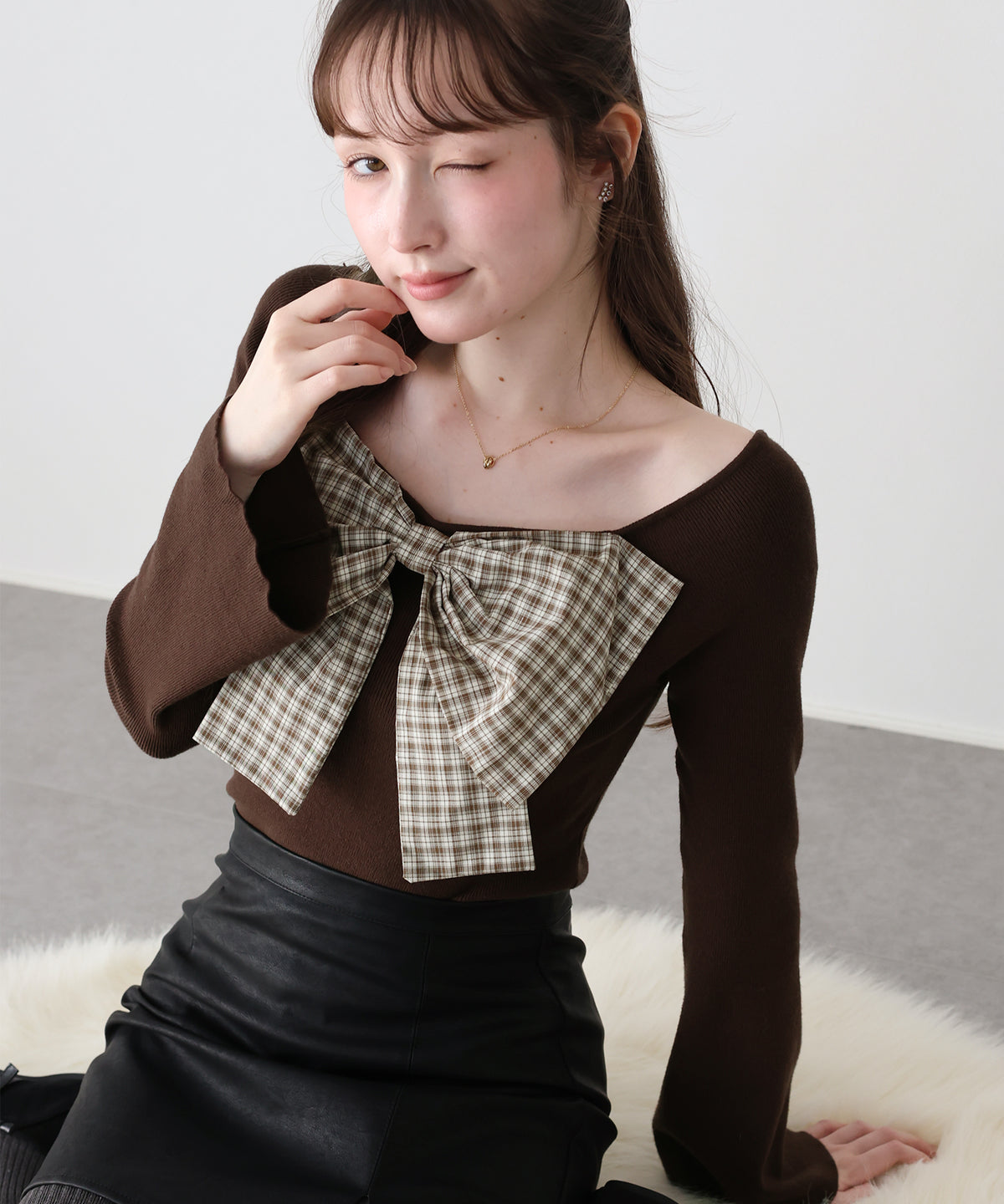 【早割5％OFF】チェックリボンオフショル二ット