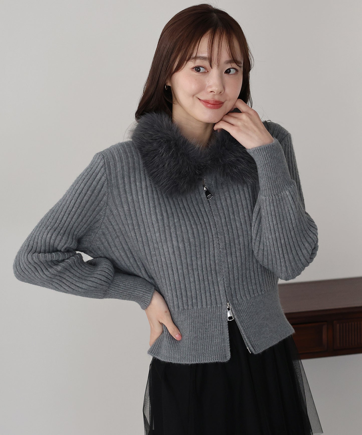 【早割5％OFF】ファー襟ダブルジップニット