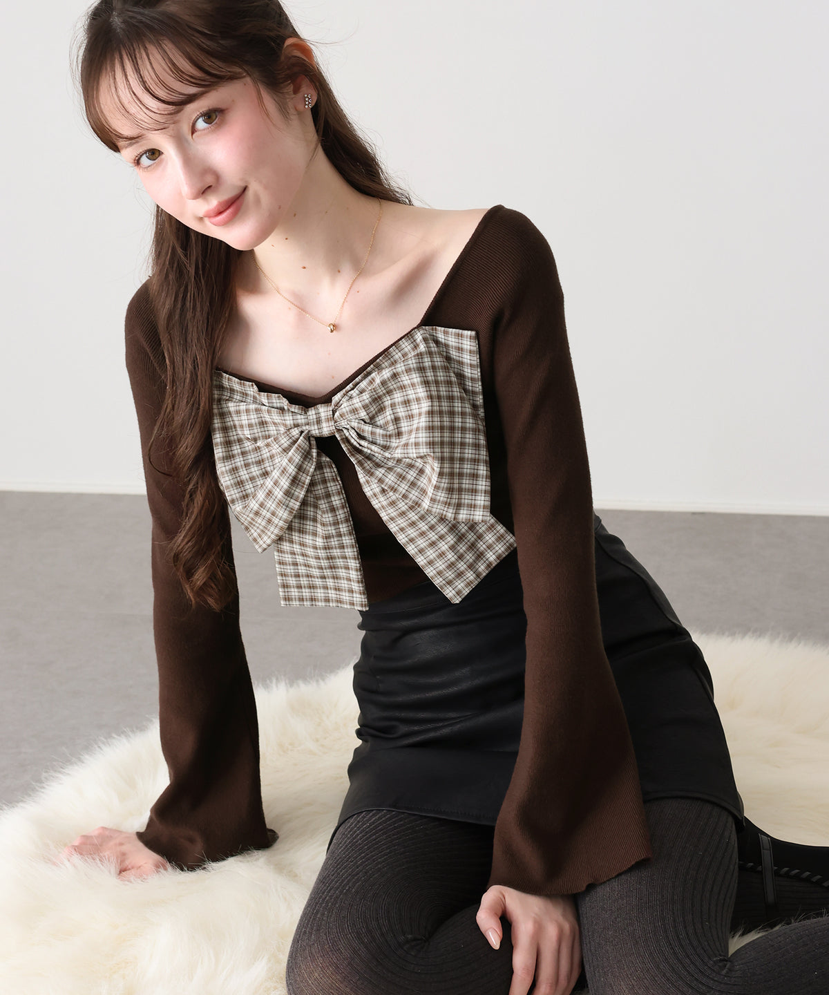 【早割5％OFF】チェックリボンオフショル二ット