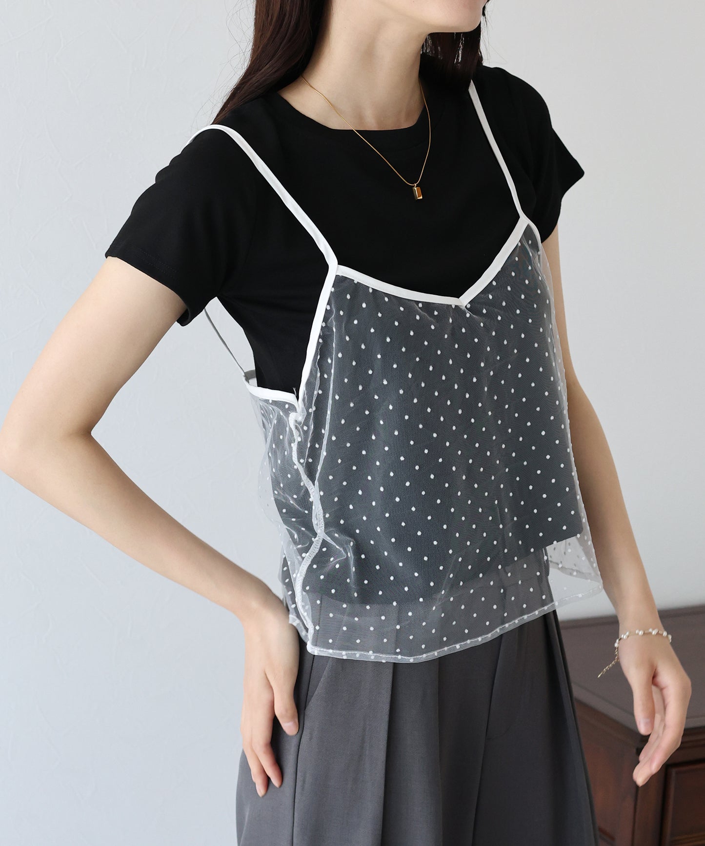 【SALE】フロッキードットチュールキャミ+Tシャツ セット
