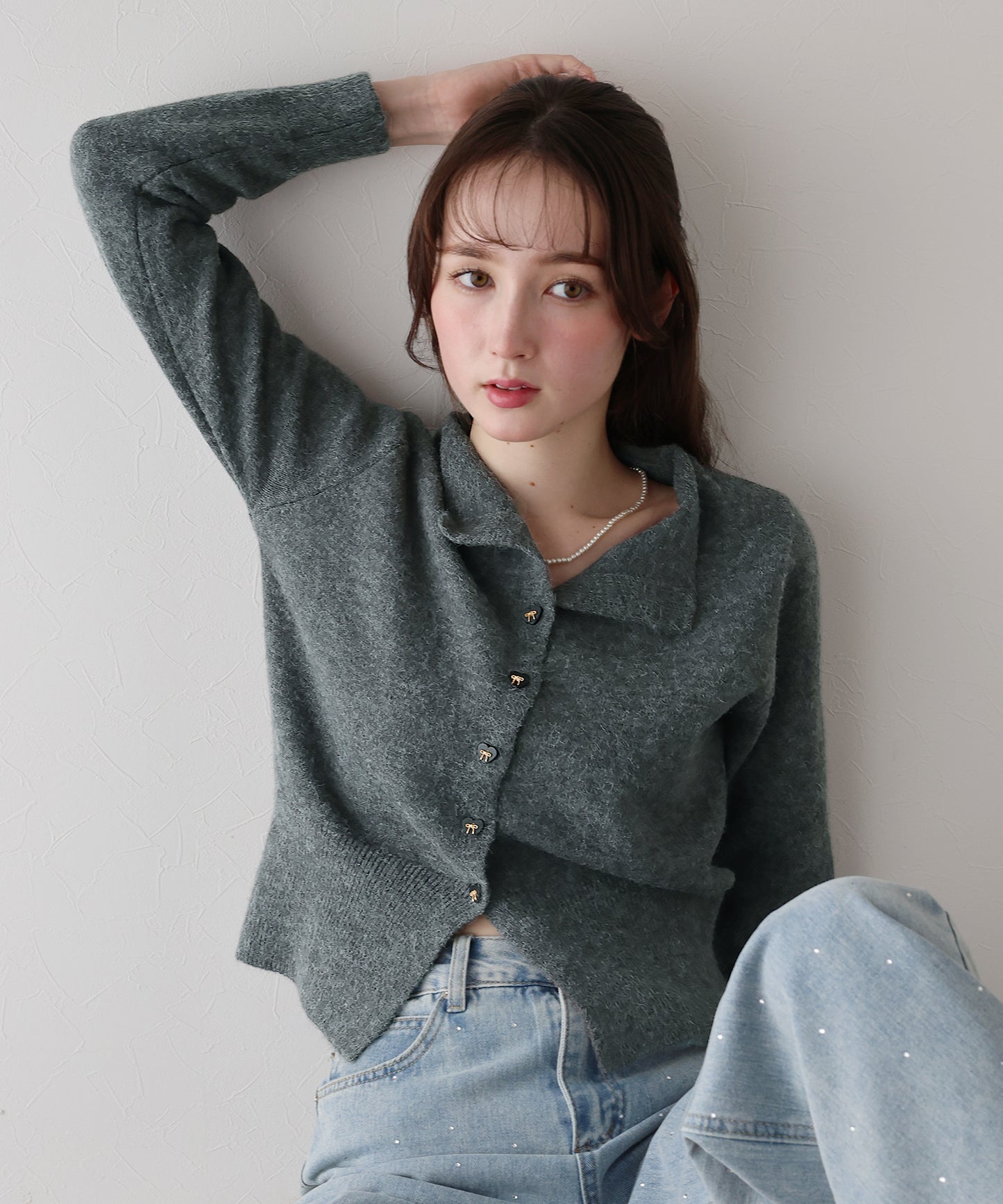 リボンハートボタンニット