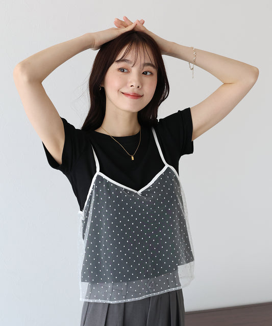 【SALE】フロッキードットチュールキャミ+Tシャツ セット