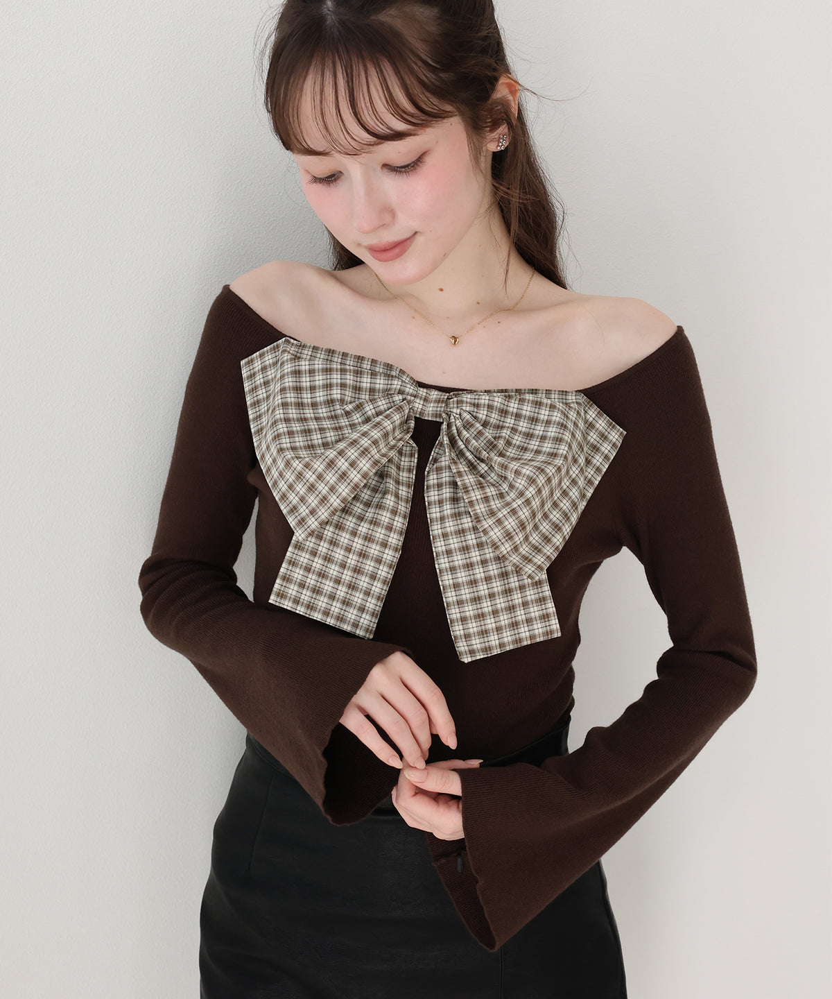 【早割5％OFF】チェックリボンオフショル二ット