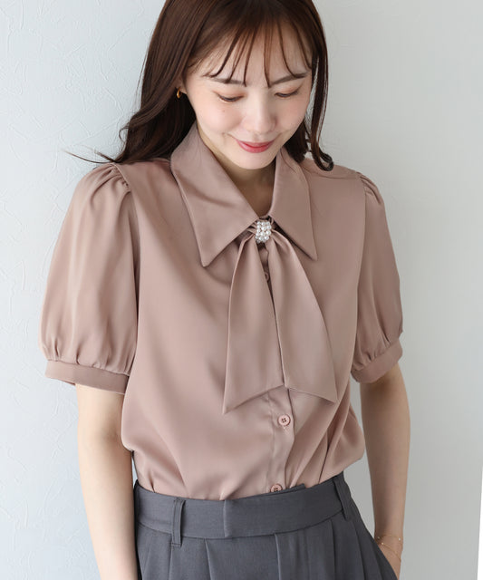 【TIME SALE】半袖パールデザインブラウス【ネコポス】