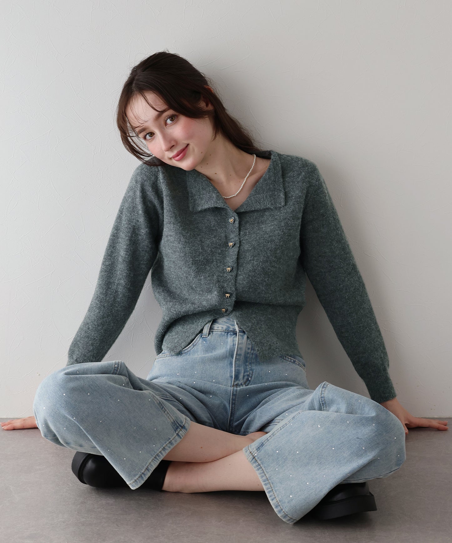 リボンハートボタンニット