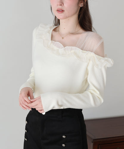 【早割5％OFF】アシンメトリーチュールフリルニット
