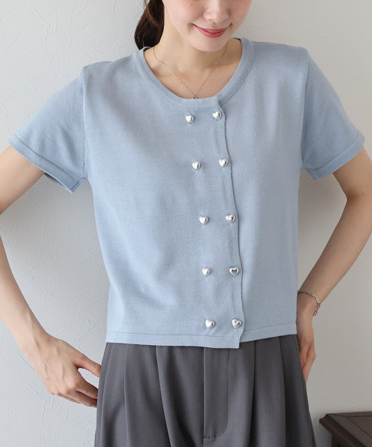 【新商品限定5％OFF（木）】ハートボタン半袖カーディガン