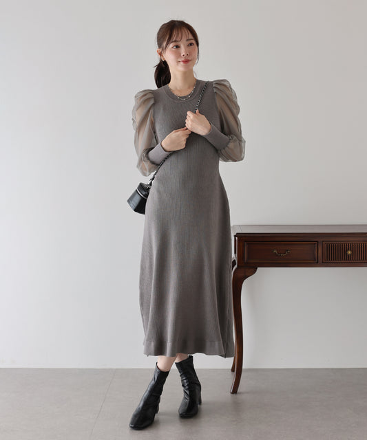 【早割5％OFF】チュール袖マーメイドニットワンピース