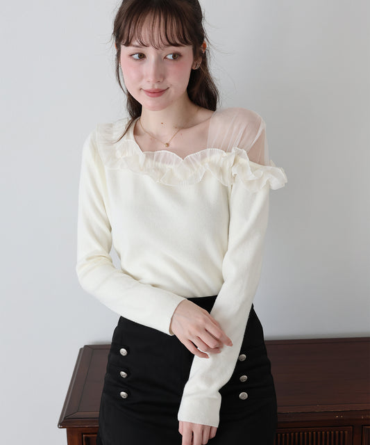 【早割5％OFF】アシンメトリーチュールフリルニット