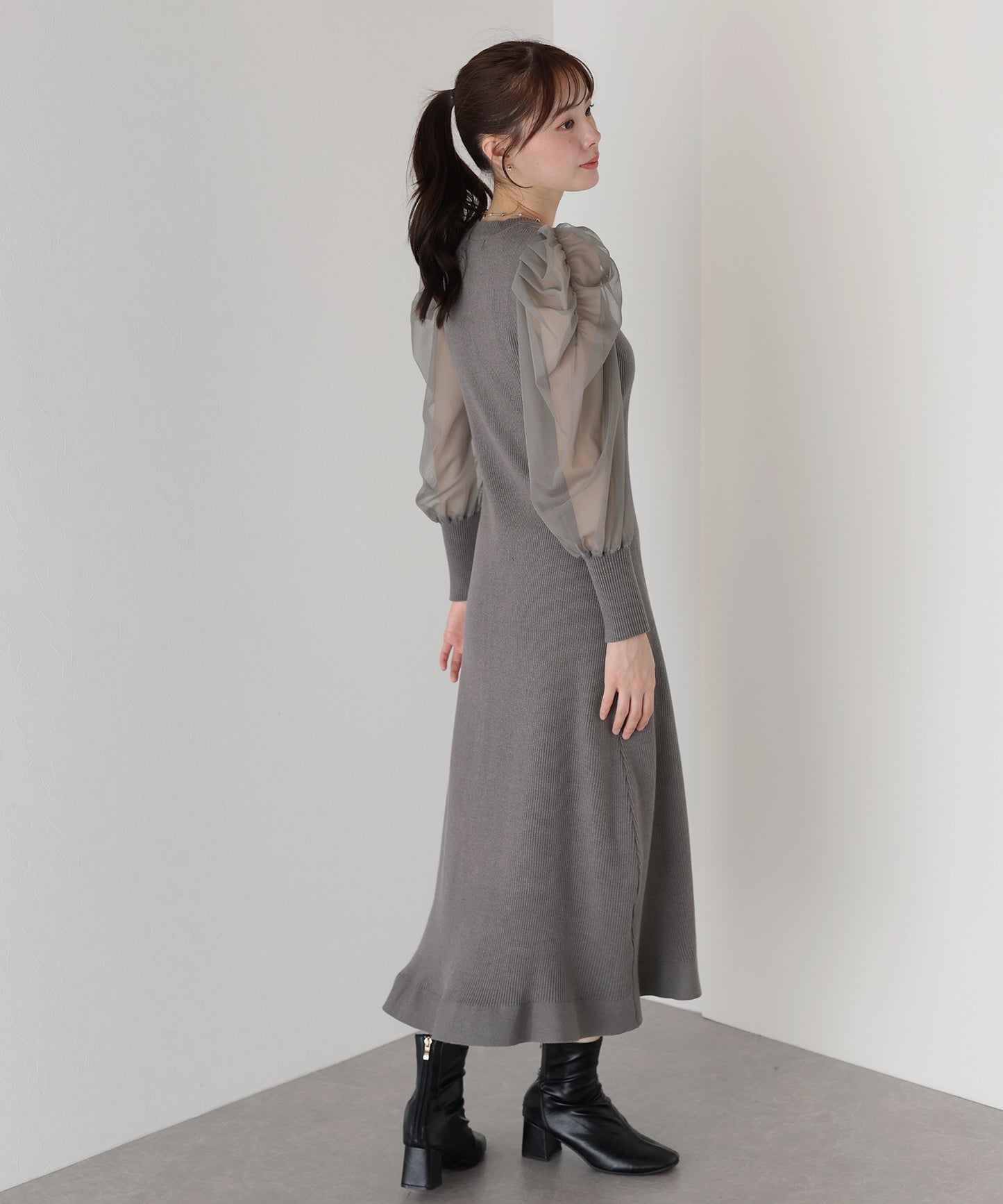 【早割5％OFF】チュール袖マーメイドニットワンピース