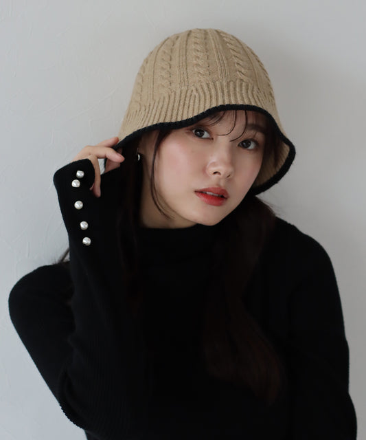 【SALE】配色ケーブルニットバケットハット