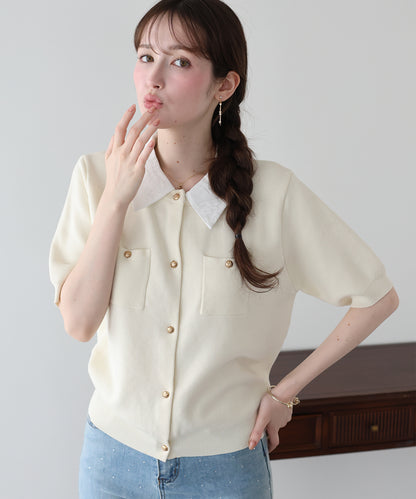 【早割5％OFF】2wayレース襟半袖ニットカーディガン【メール便】