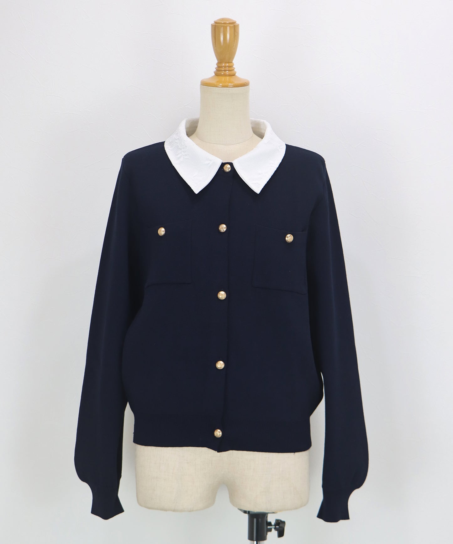 レース襟ニットカーディガン