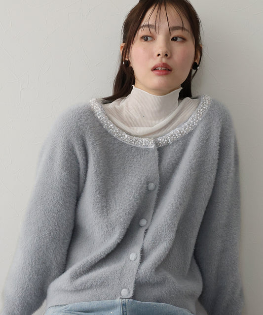 【SALE】ビジュー襟ニットカーディガン