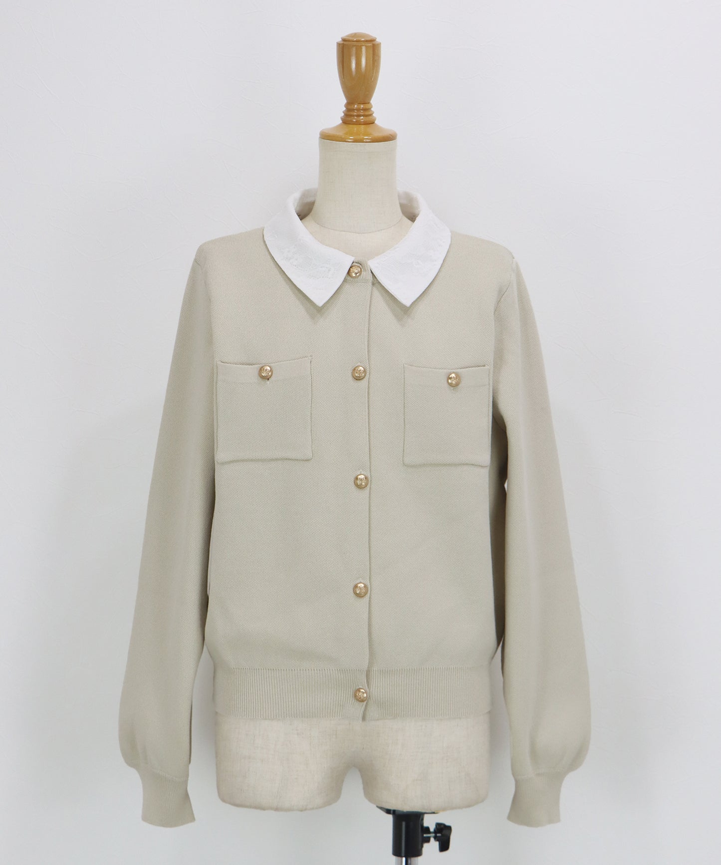 レース襟ニットカーディガン