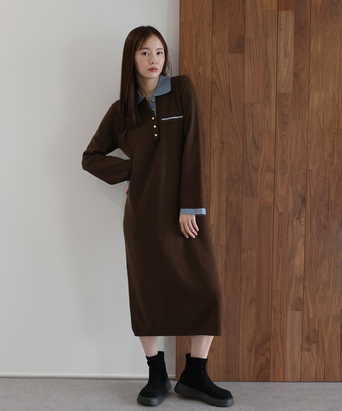 【早割5％OFF】ゴールドボタン配色ポロニットワンピース