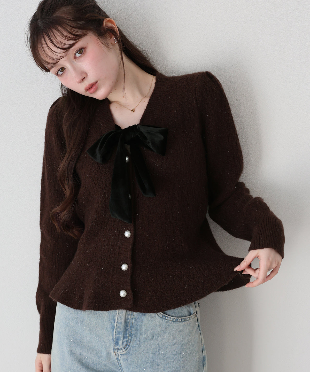 【早割5％OFF】ベロアリボンペプラムカーディガン