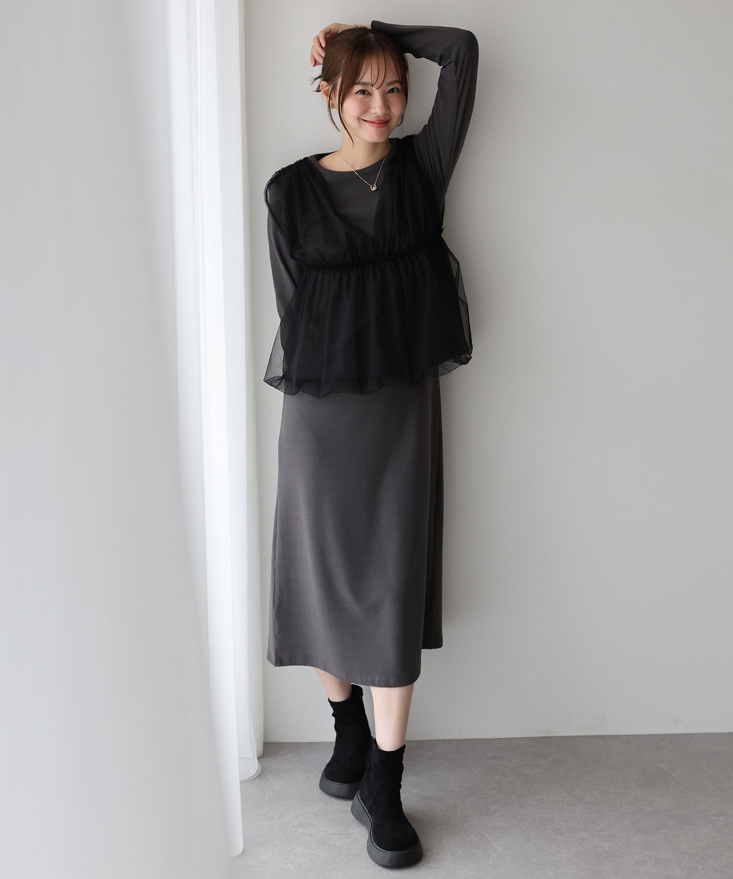 【早割5％OFF】チュールバルーンドッキングワンピース