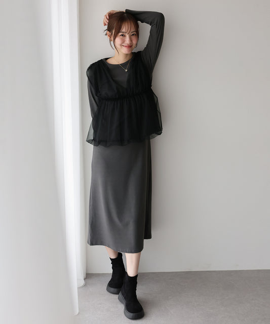 【早割5％OFF】チュールバルーンドッキングワンピース