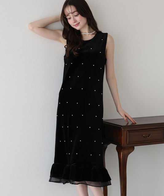【早割5％OFF】パール付きベロアワンピース