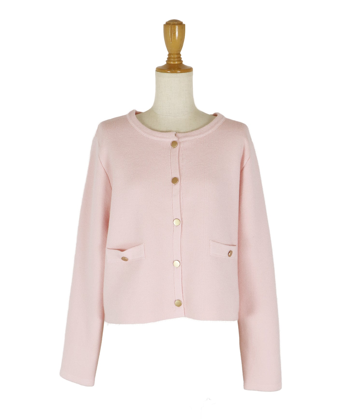 金ボタンノーカラーニットジャケット