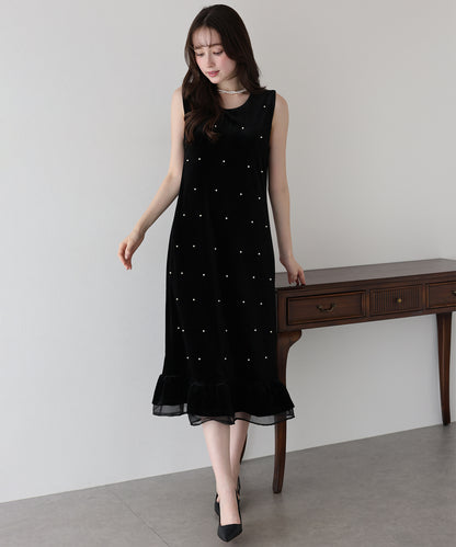 【早割5％OFF】パール付きベロアワンピース