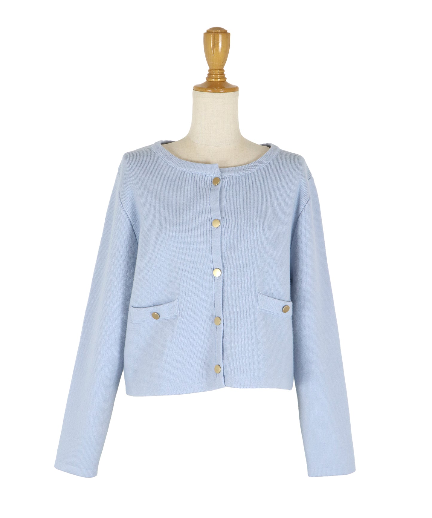 金ボタンノーカラーニットジャケット