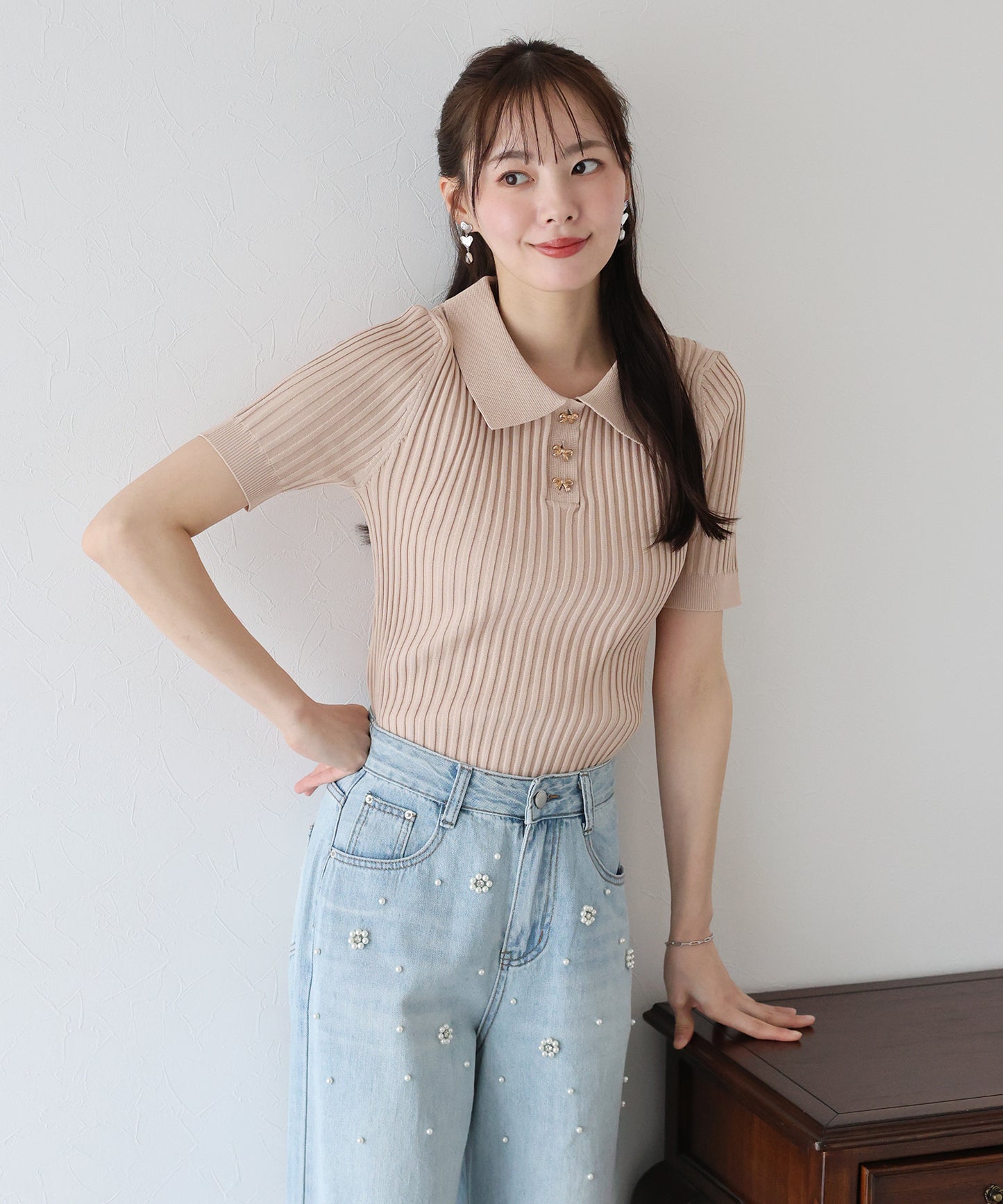 リボンボタンポロ衿ニット