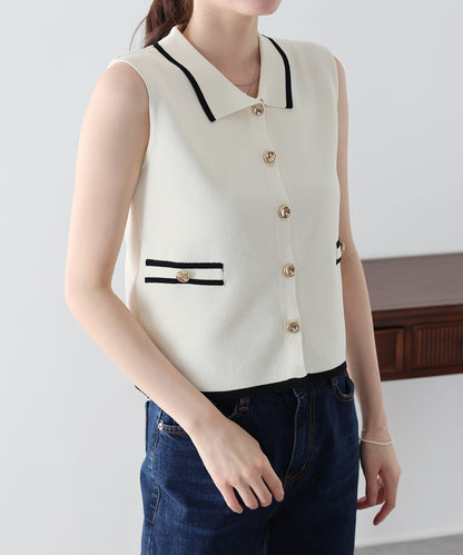 【早割5％OFF】ゴールドボタンノースリーブポロニット