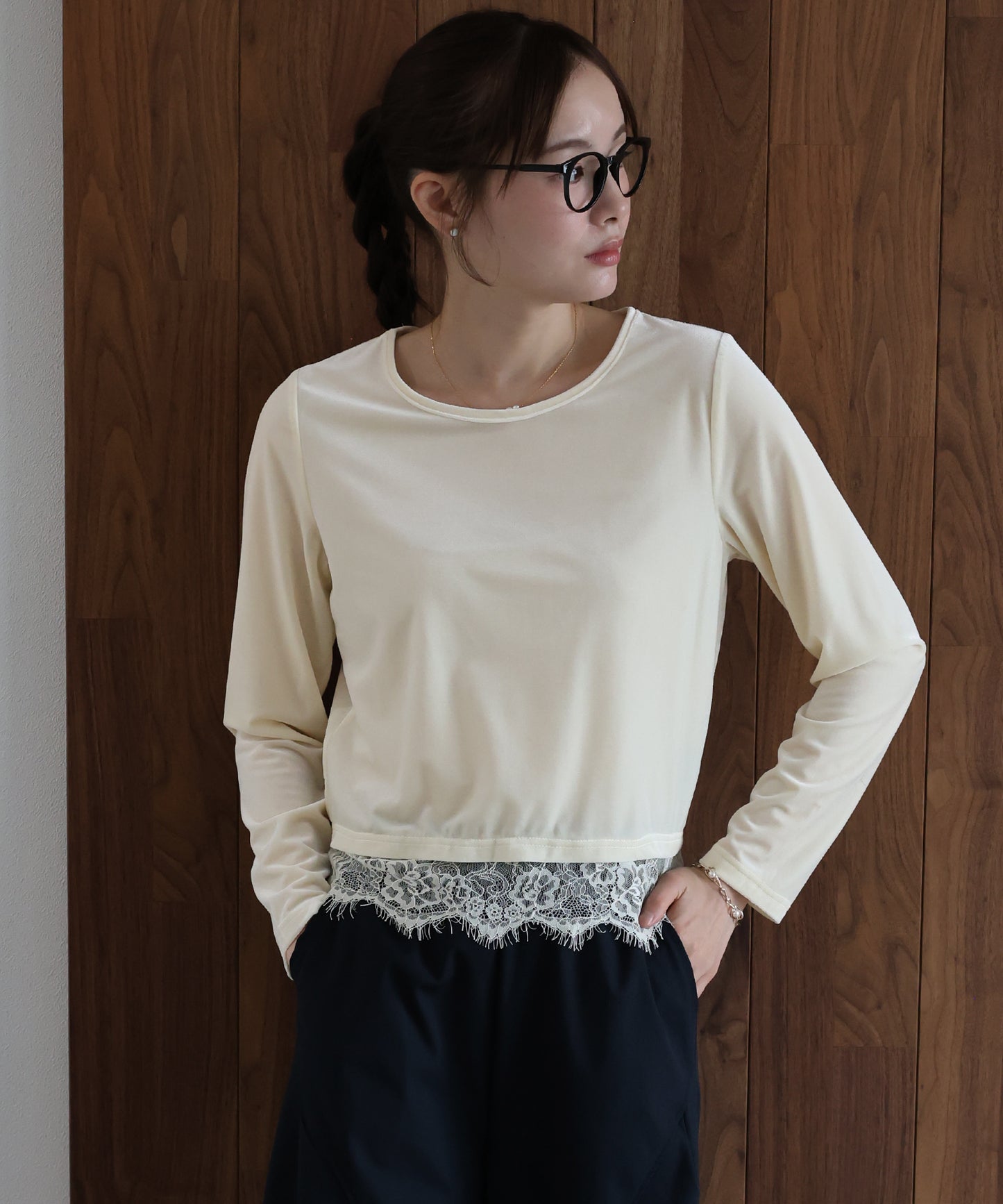 【早割5％OFF】レースヘムベロアカットソー【メール便】