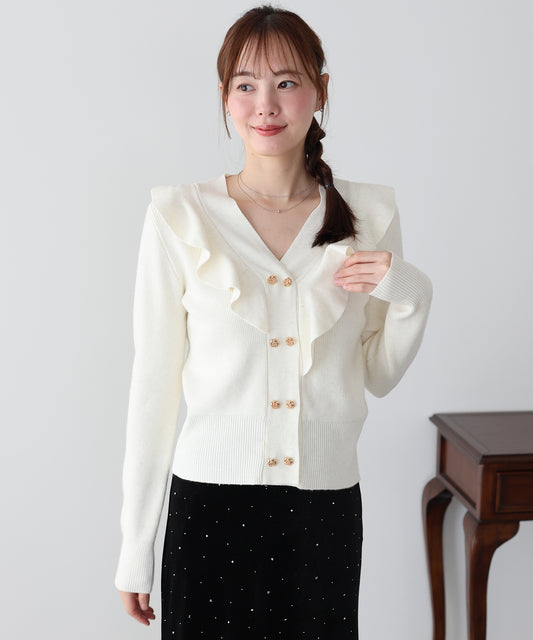 【早割5％OFF】ローズボタンフリルラメニットカーディガン