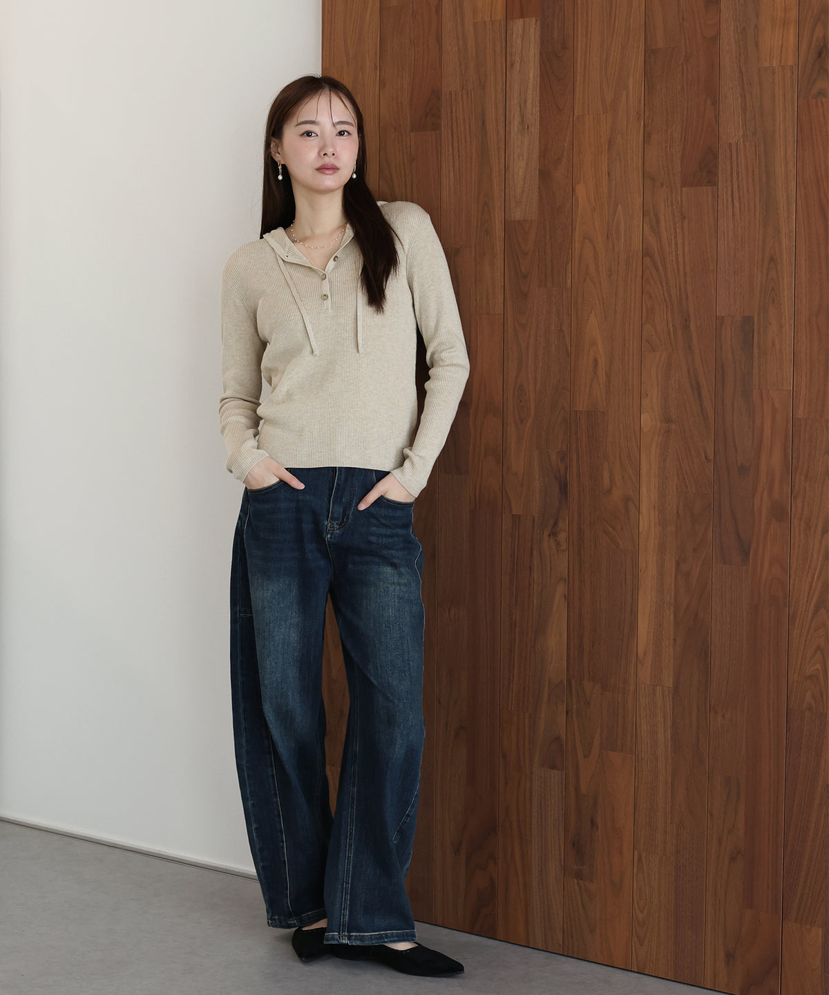 【早割5％OFF】ウール混ヘンリーネックリブニットフーディー