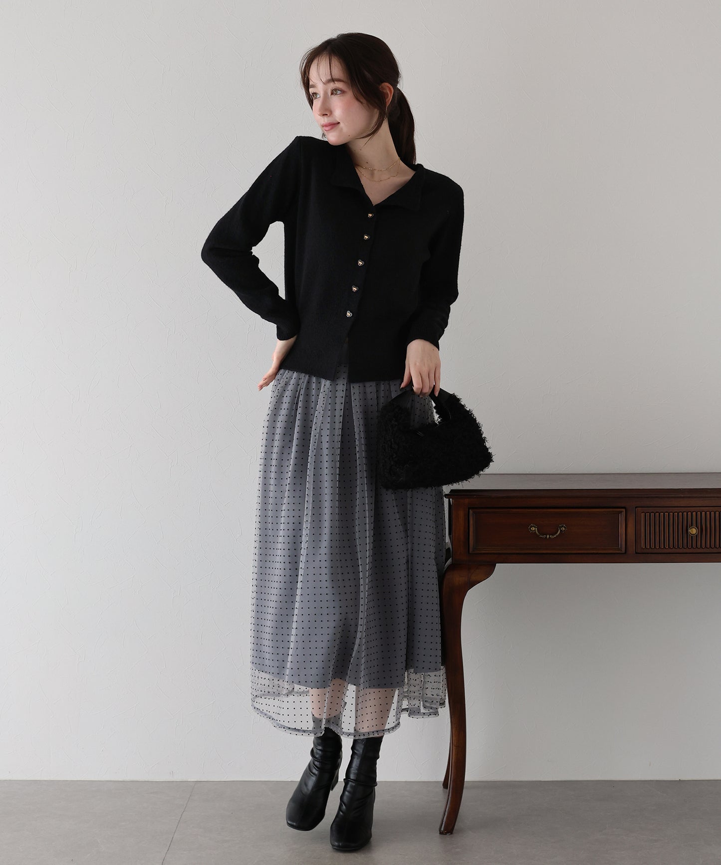 リボンハートボタンニット