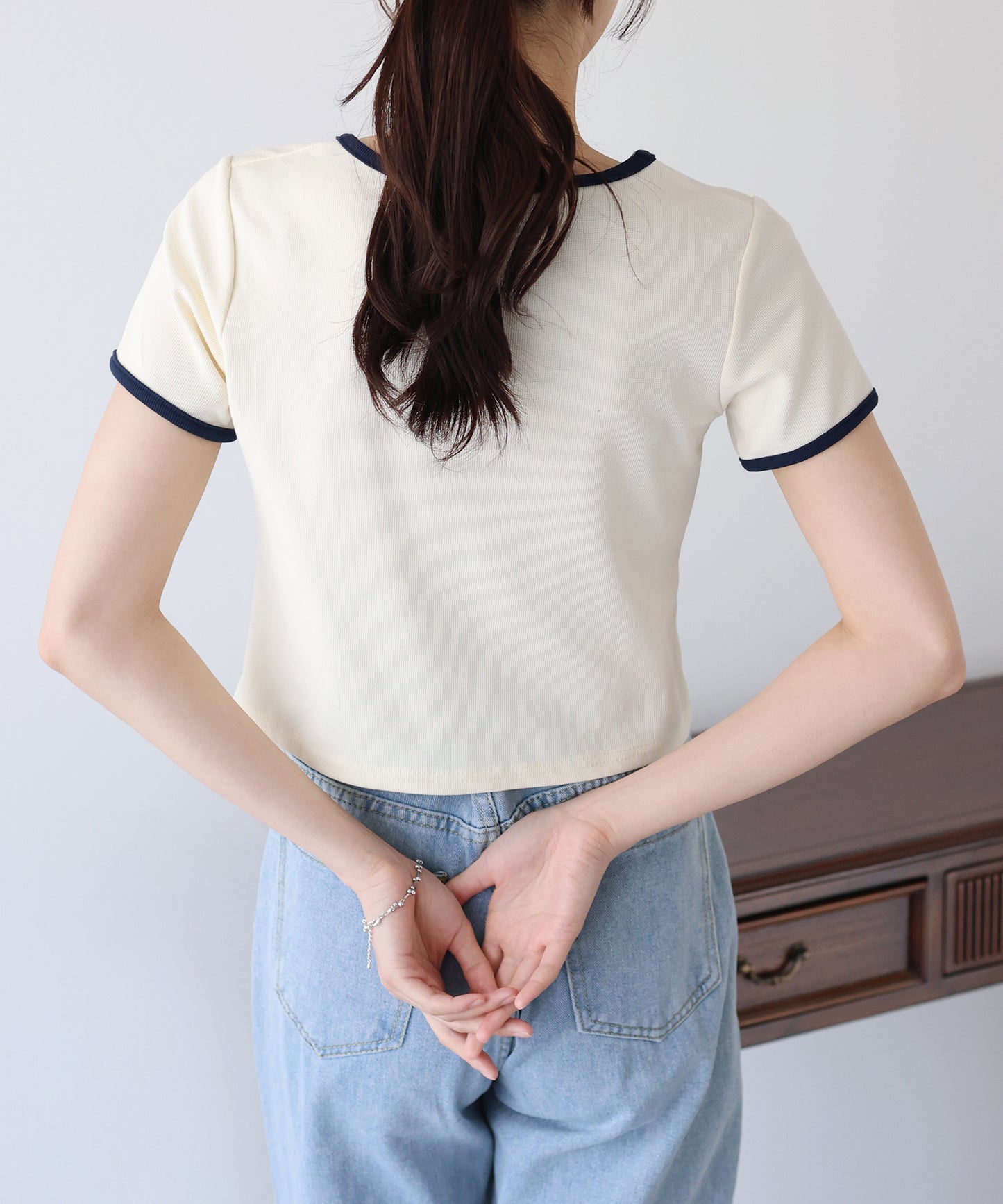 【TIME SALE】リボン刺繍リンガーTシャツ【ゆうパケット】