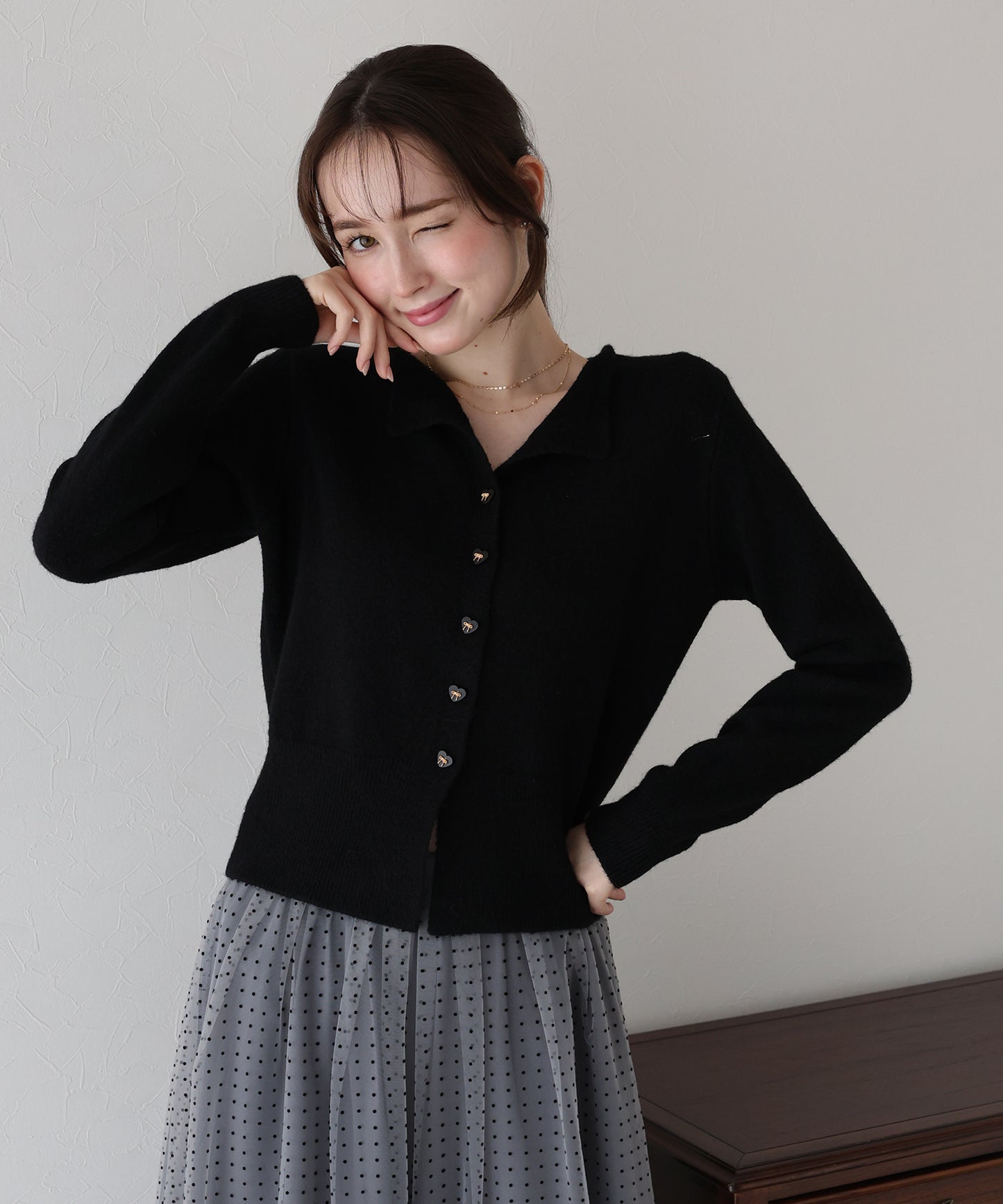 リボンハートボタンニット