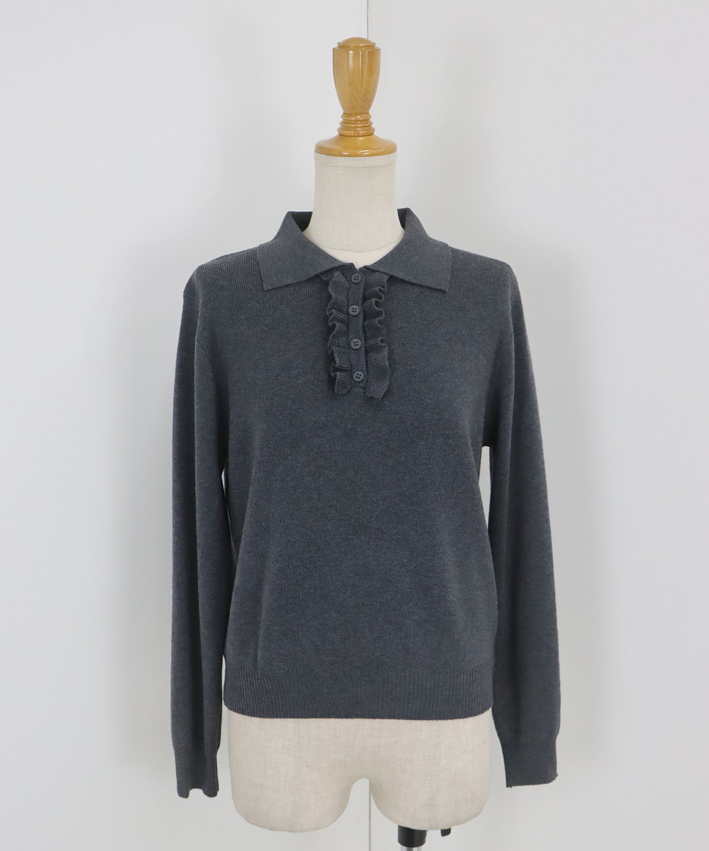 ウール混フロントフリルポロニット