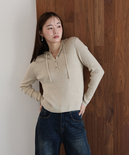 【早割5％OFF】ウール混ヘンリーネックリブニットフーディー