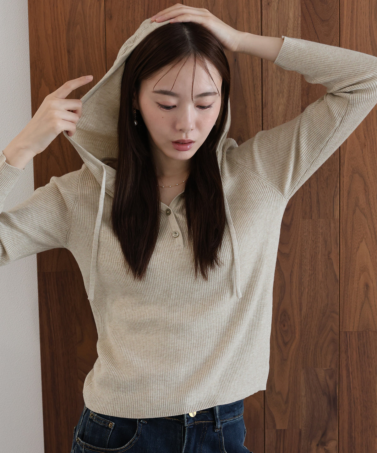 【早割5％OFF】ウール混ヘンリーネックリブニットフーディー